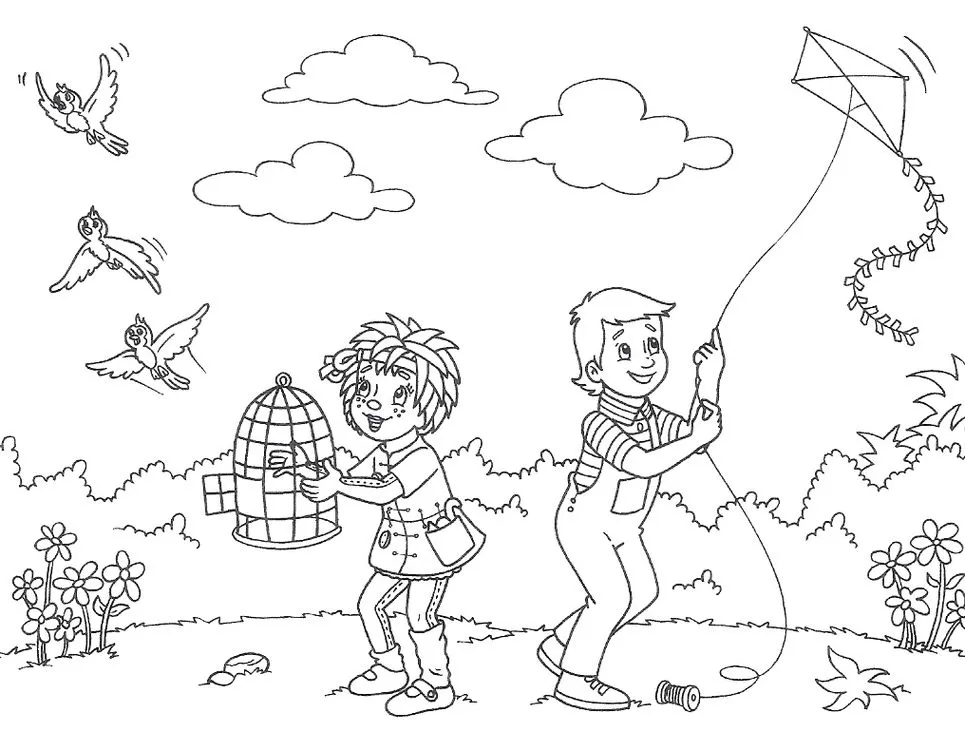 Sítio do Picapau Amarelo: Pedrinho e Emília em cena campestre para colorir.