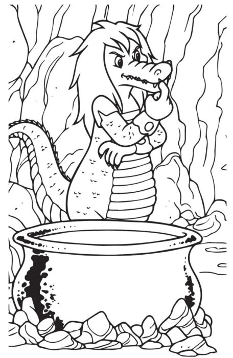 Visconde de Sabugosa pensativo para colorir, com caldeirão e caverna ao fundo.