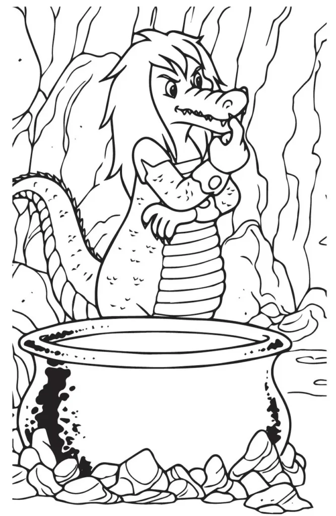Visconde de Sabugosa pensativo para colorir, com caldeirão e caverna ao fundo.