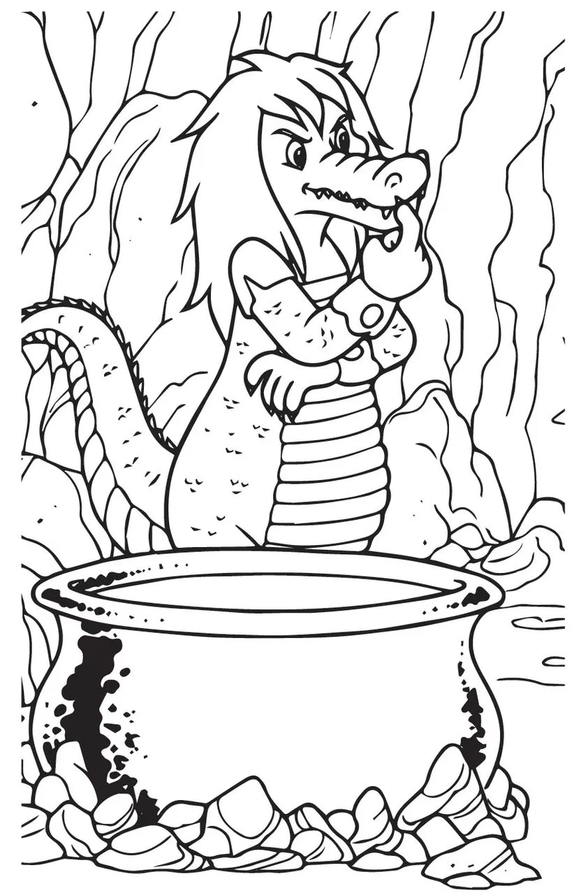 Visconde de Sabugosa pensativo para colorir, com caldeirão e caverna ao fundo.