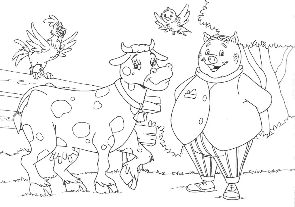 Desenho do Rabicó e da Vaca no Sítio do Picapau Amarelo para colorir. Vaca com sino e lenço, porco sorrindo de paletó, galo na cerca e passarinho.