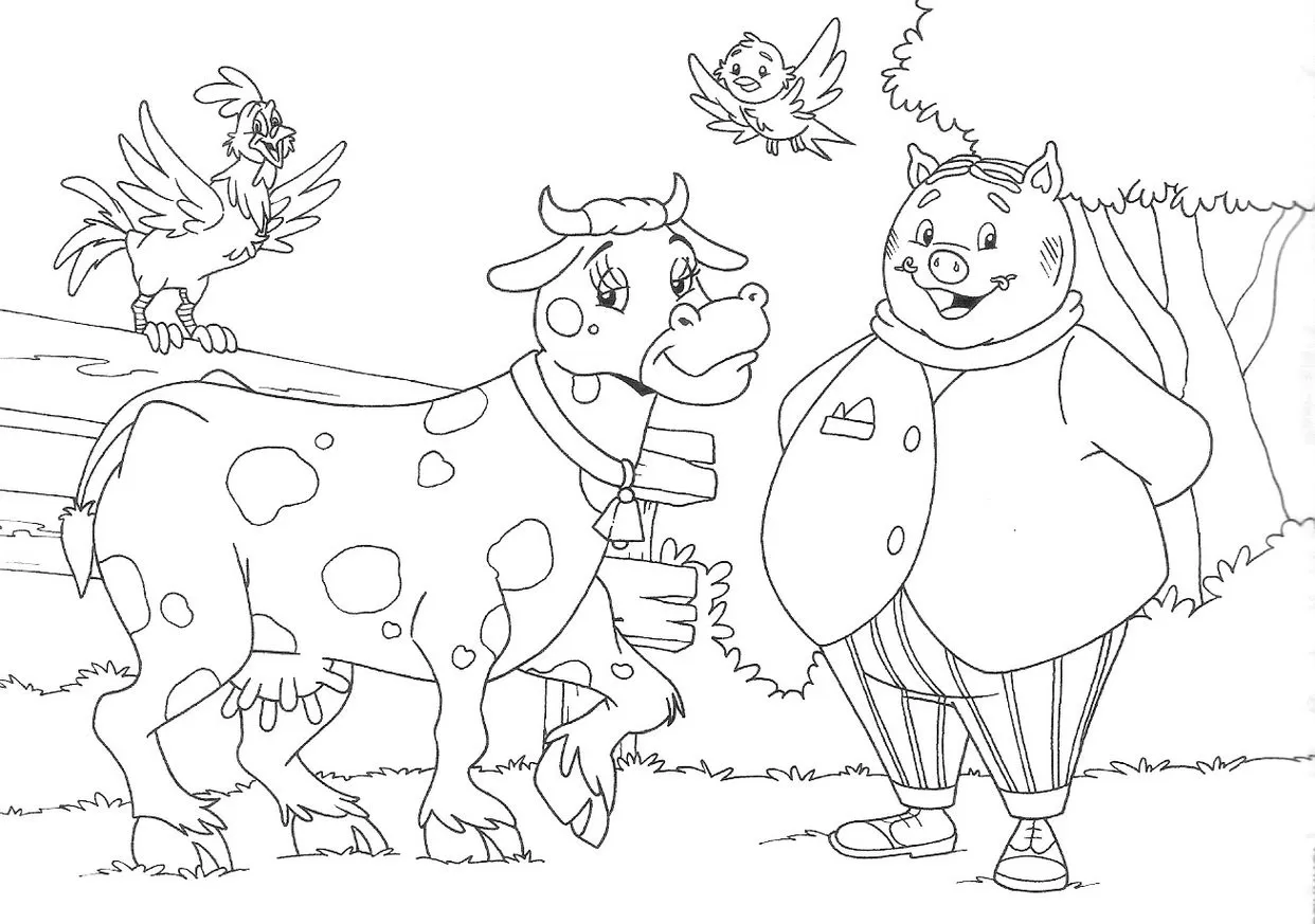 Desenho do Rabicó e da Vaca no Sítio do Picapau Amarelo para colorir. Vaca com sino e lenço, porco sorrindo de paletó, galo na cerca e passarinho.