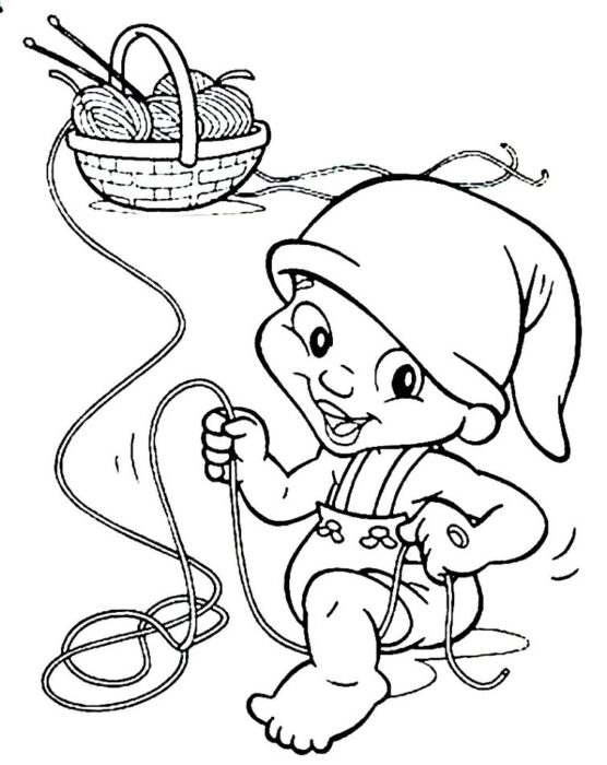 Saci Travesso bebê para colorir do Sítio do Picapau Amarelo com gorro, fio e cesta de tricô.