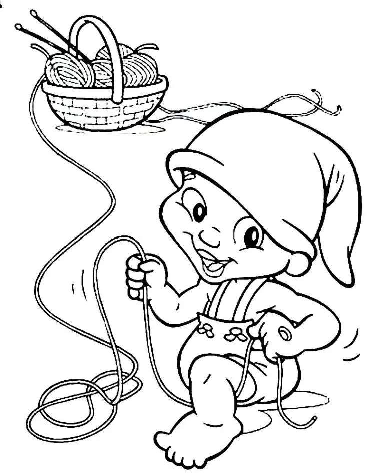 Saci Travesso bebê para colorir do Sítio do Picapau Amarelo com gorro, fio e cesta de tricô.