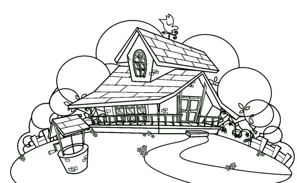 Desenho do Sítio do Picapau Amarelo para colorir: Casa de campo com poço, telhado inclinado, varanda e árvores.