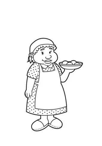 Tia Anastácia do Sítio do Picapau Amarelo para colorir. Desenho da cozinheira com touca, vestido de bolinhas e travessa de bolinhos.