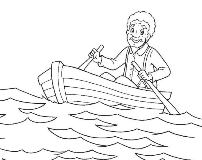 Tio Barnabé remando no rio: desenho do Sítio do Picapau Amarelo para colorir.