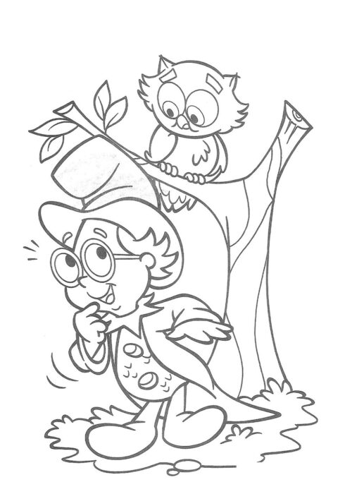 Visconde de Sabugosa para colorir: desenho do Sítio do Picapau Amarelo com o personagem pensativo ao lado de árvore e coruja.