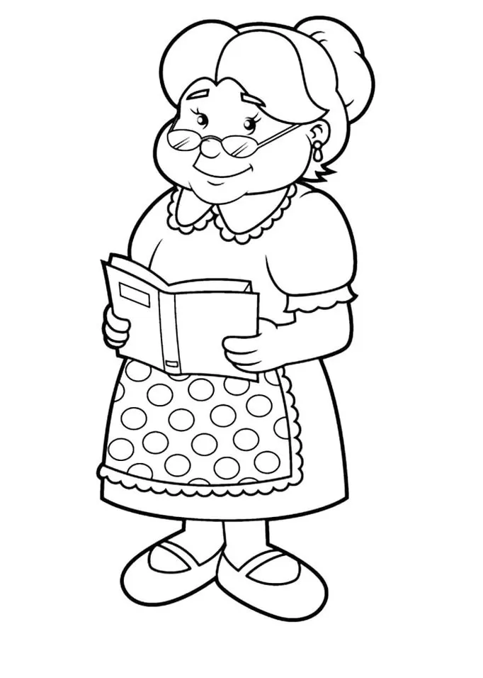 Vovozinha do Sítio do Picapau Amarelo para colorir: desenho da personagem com coque, óculos, vestido e avental de bolinhas segurando um livro.