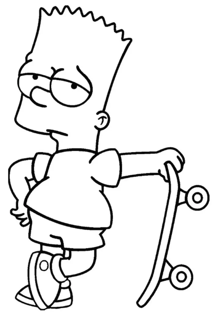 Bart Simpson entediado apoiado em seu skate, desenho para colorir dos Simpsons.