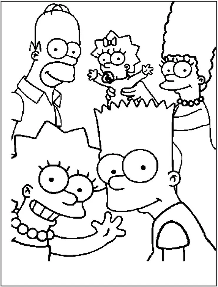 Família Simpson reunida em desenho para colorir: Homer, Marge, Bart, Lisa e Maggie.