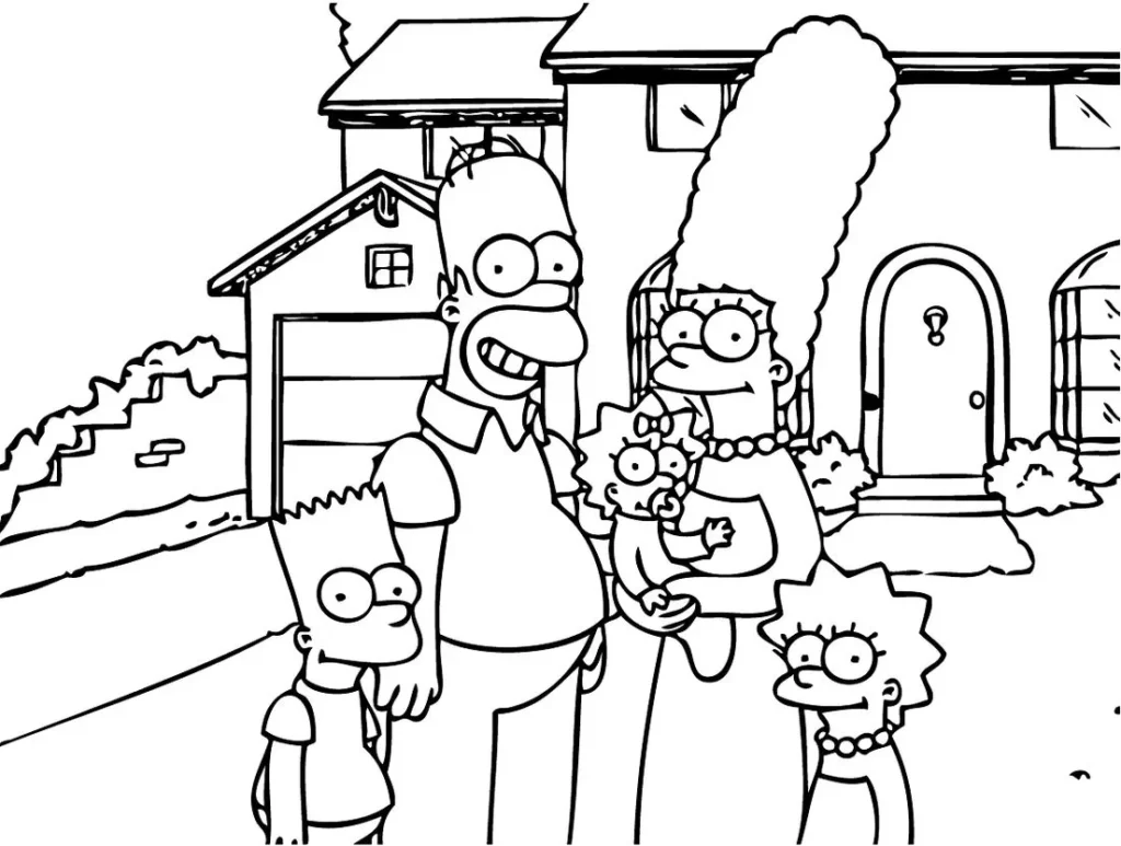 Família Simpson em desenho para colorir em frente à casa. Homer, Bart, Marge, Maggie e Lisa Simpson.
