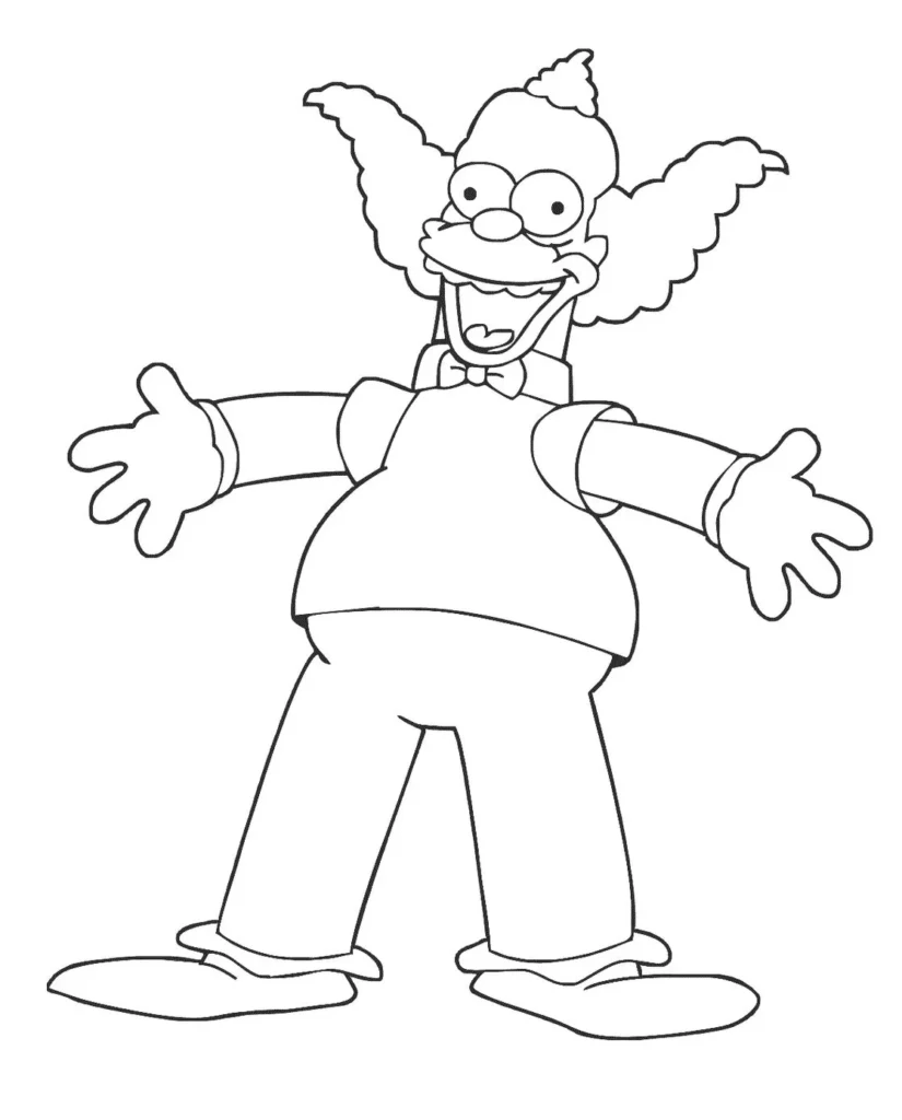 Krusty, o palhaço dos Simpsons, pronto para colorir. Desenho com Krusty sorrindo e de braços abertos.