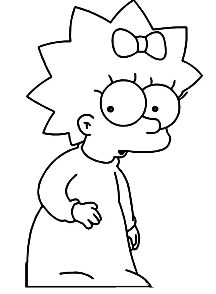 Desenho da Lisa Simpson para colorir. Garota com cabelo espetado, laço, óculos e vestido.
