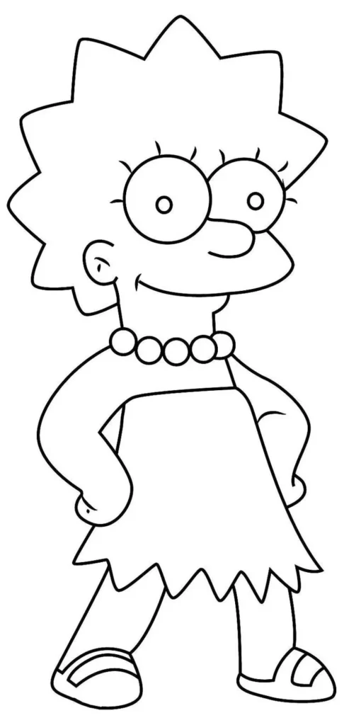 Lisa Simpson para colorir: desenho da personagem com vestido, colar e óculos.