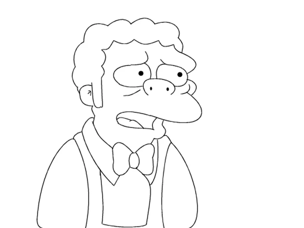 Moe Szyslak dos Simpsons para colorir: arte em traço com gravata borboleta e expressão de surpresa.