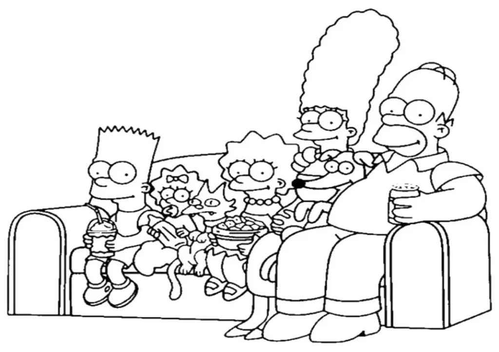 Os Simpsons no sofá: desenho para colorir da família reunida.