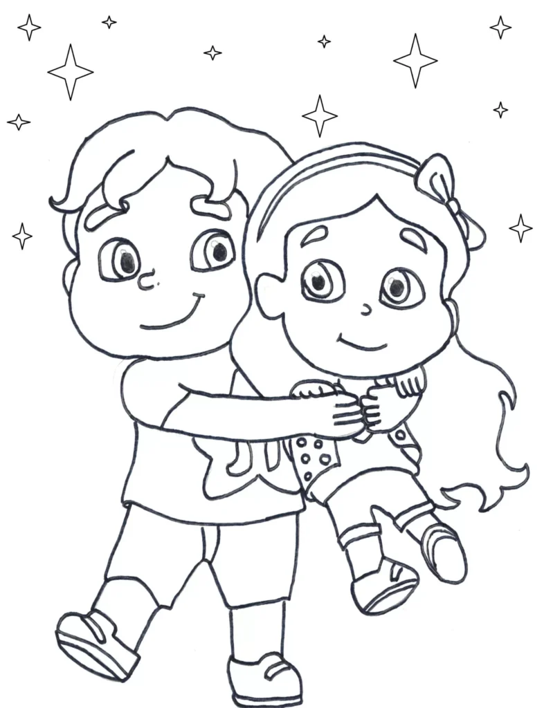 Desenhos da Maria Clara e JP para colorir Abraço Apertado Maria Clara e JP para colorir: Crianças em um abraço carinhoso com estrelas ao fundo.