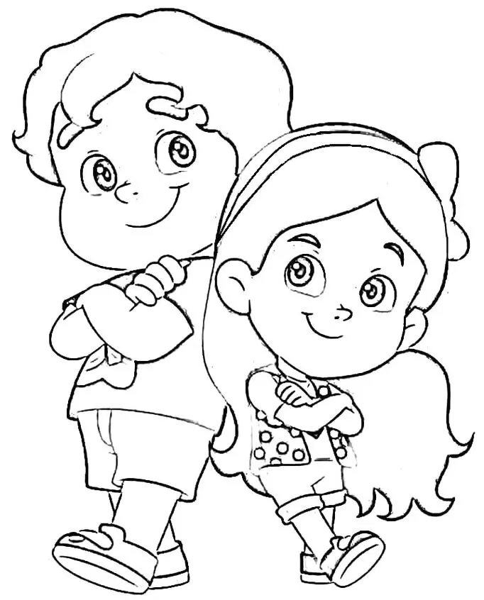 Desenhos da Maria Clara e JP para colorir Braços Cruzados Maria Clara e JP para colorir: crianças com braços cruzados e sorrindo.