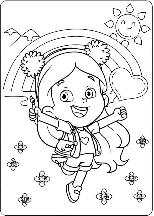 Desenhos da Maria Clara e JP para colorir Pintando Maria Clara e JP: Desenho para colorir com menina pulando de alegria, pincel e coração, arco-íris e sol.