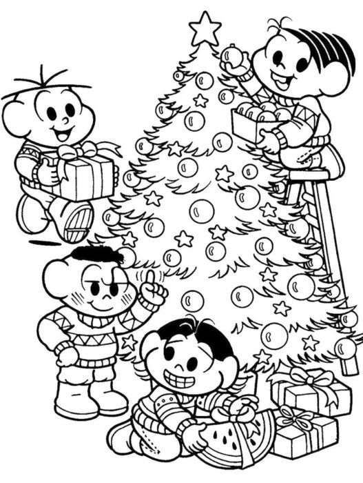 Turma da Mônica decora árvore de Natal: desenho para colorir