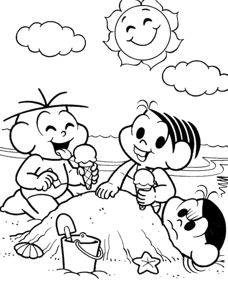 Turma da Mônica na praia: desenho para colorir com Cebolinha, Cascão, sol e balde de areia.