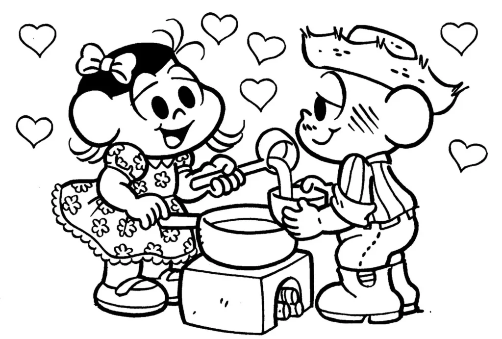 Mônica e Cebolinha preparando canjica de milho: desenho para colorir da Turma da Mônica