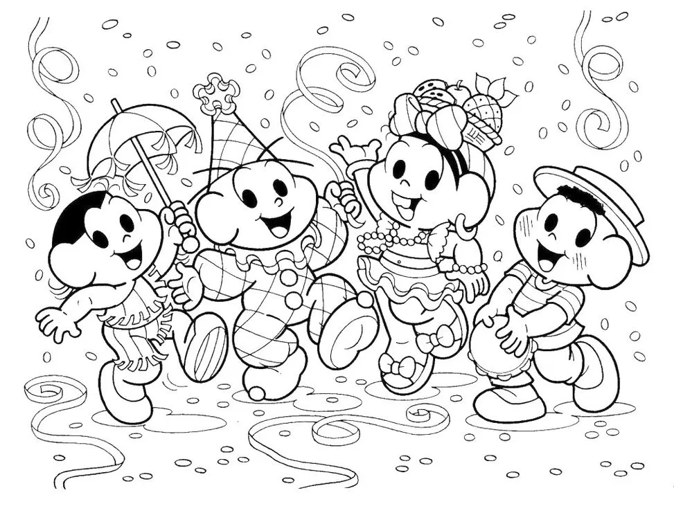 Turma da Mônica festejando o Carnaval: desenho para colorir com Mônica, Cebolinha, Magali e Cascão em clima de folia.