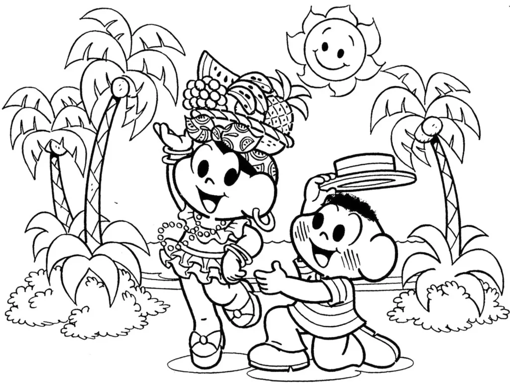 Mônica e Cebolinha celebrando com dança havaiana em desenho para colorir