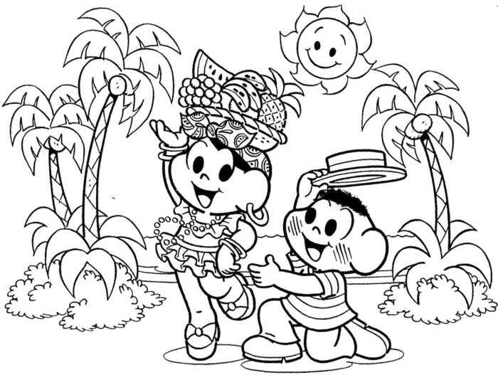 Mônica e Cebolinha celebrando com dança havaiana em desenho para colorir