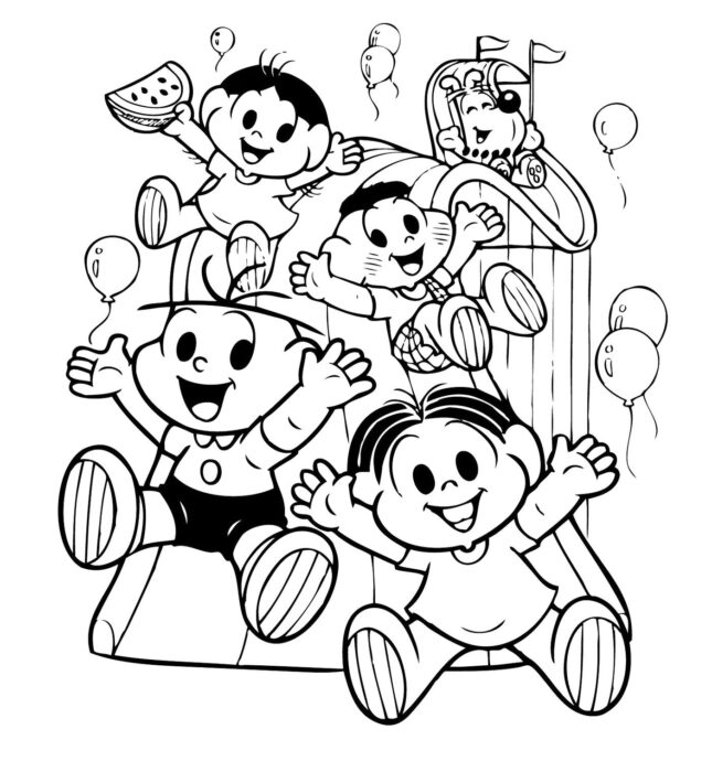 Turma da Mônica se diverte no escorrega em desenho para colorir, com Magali e seus amigos em parque festivo.