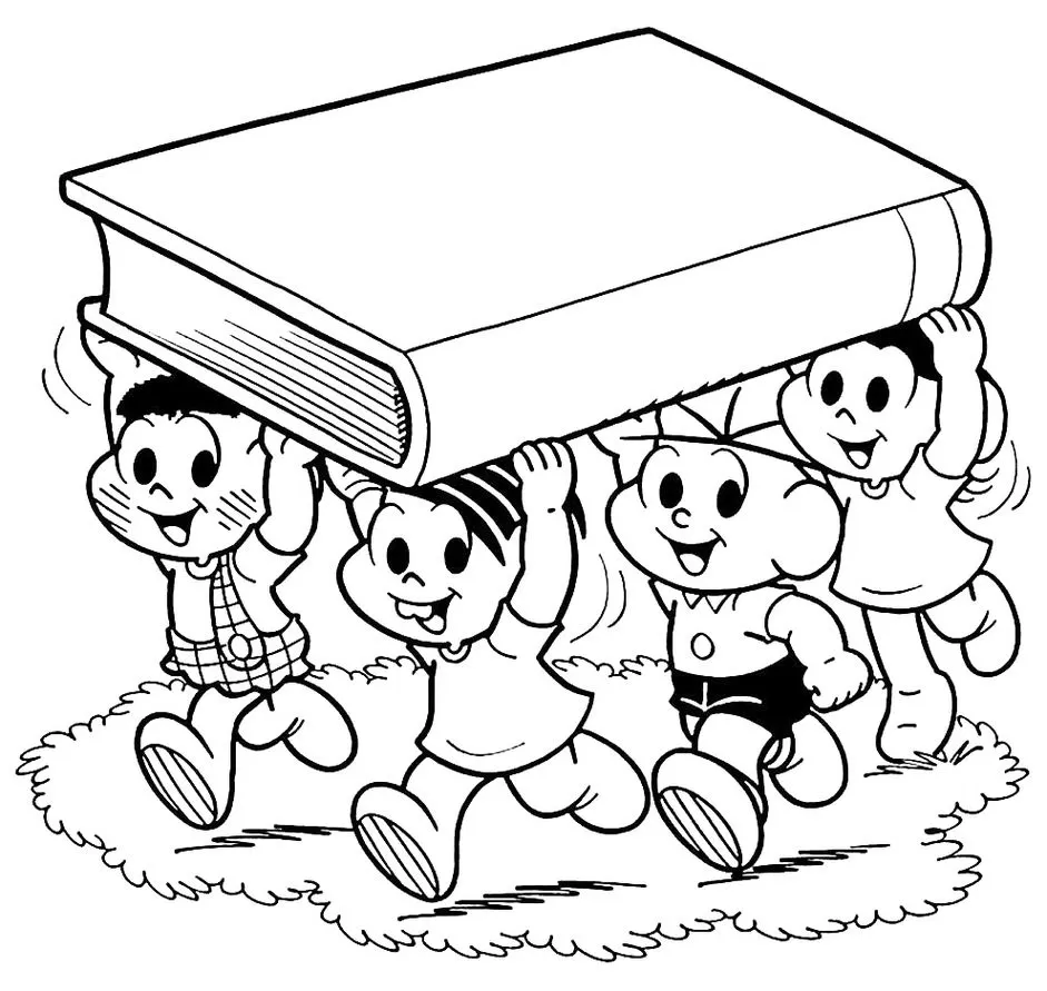 Turma da Mônica carregando livro para colorir no Dia do Livro