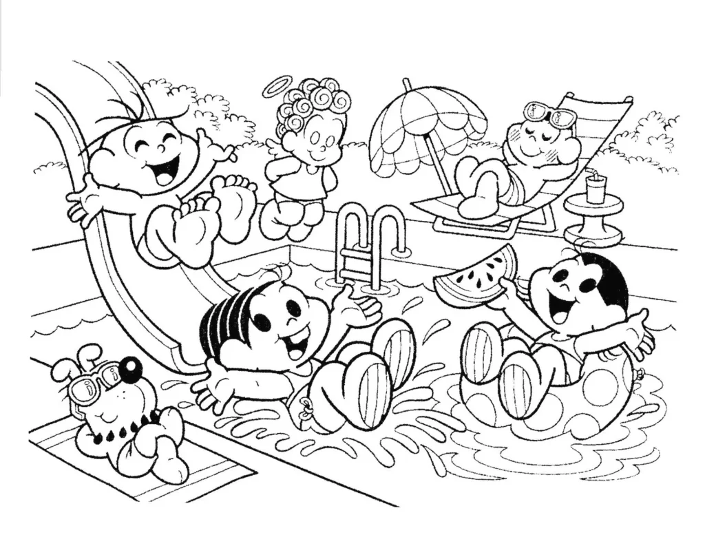 Turma da Mônica na piscina: desenho para colorir com crianças, escorrega, boia, melancia e um cachorrinho relaxando.