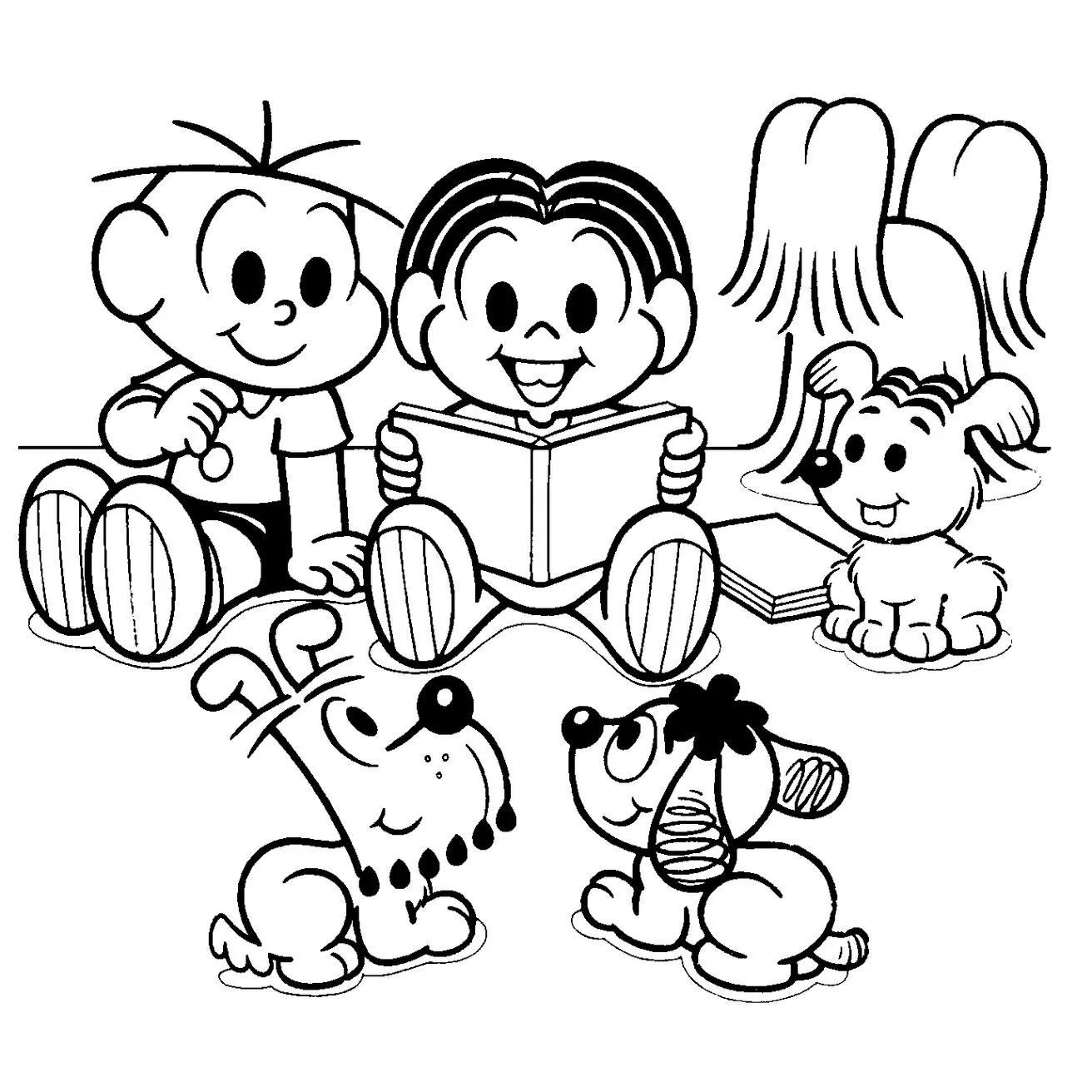 Turma da Mônica: Cena para Colorir com Cebolinha, Mônica e Cães Alegres