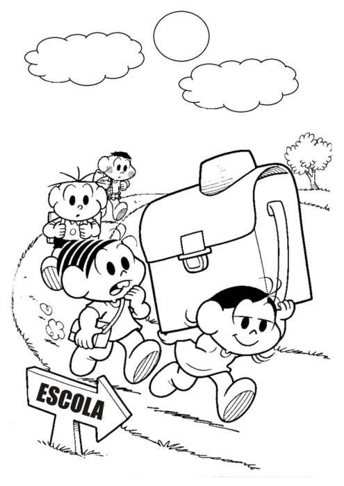 Turma da Mônica a caminho da escola: desenho para colorir com Mônica, Cebolinha e amigos.