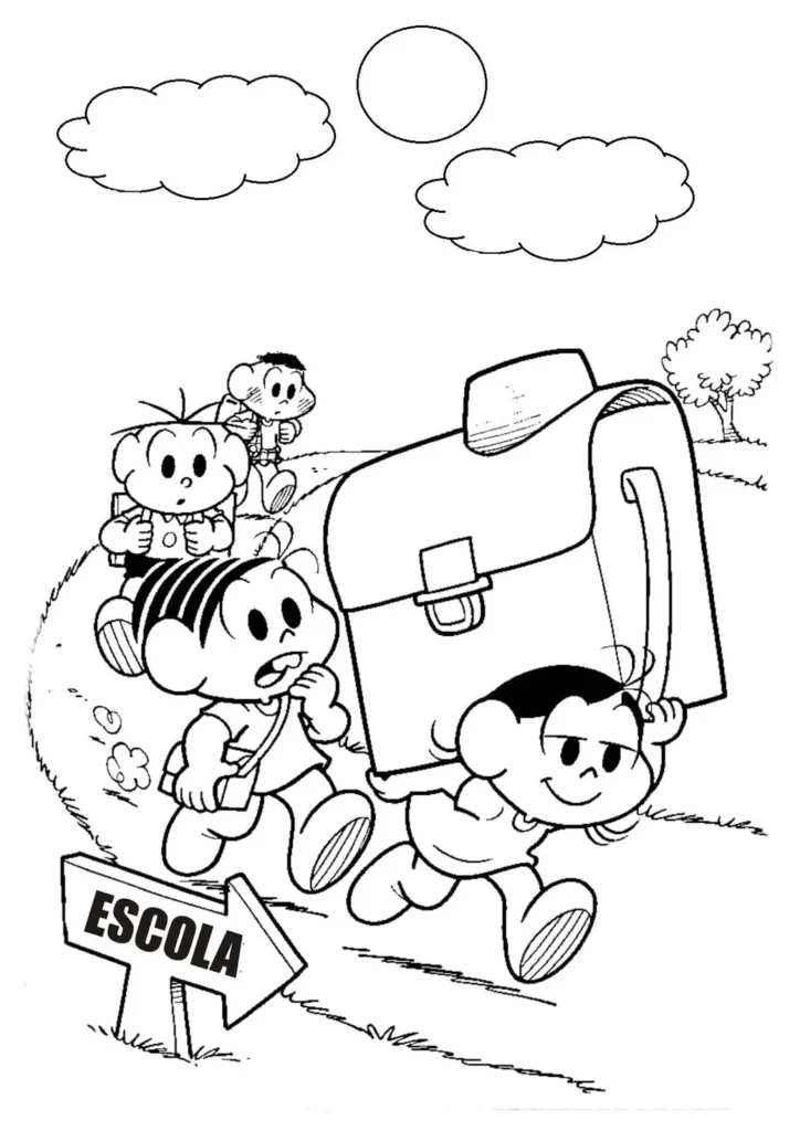 Turma da Mônica a caminho da escola: desenho para colorir com Mônica, Cebolinha e amigos.