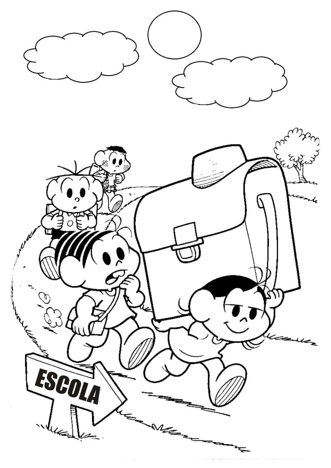 Turma da Mônica a caminho da escola: desenho para colorir com Mônica, Cebolinha e amigos.