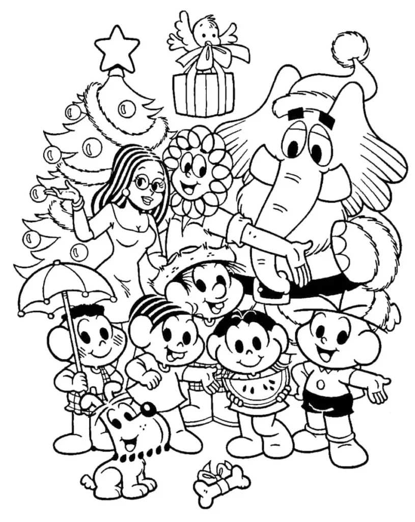 Turma da Mônica em clima natalino para colorir: Mônica, Cebolinha e amigos celebram o Natal ao redor de um pinheiro decorado.