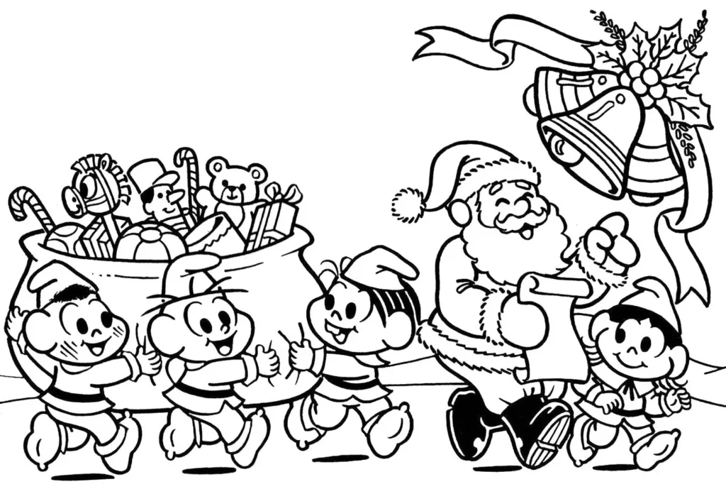 Turma da Mônica Papai Noel para colorir: desenho festivo com o bom velhinho e amigos em ritmo de celebração.