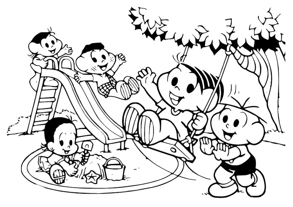 Turma da Mônica no Parque de Diversões: desenho para colorir com crianças brincando no escorrega, balanço e na areia.