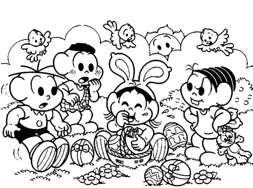 Turma da Mônica celebra a Páscoa: desenhos para colorir com Mônica de coelhinha, Cascão e Cebolinha.
