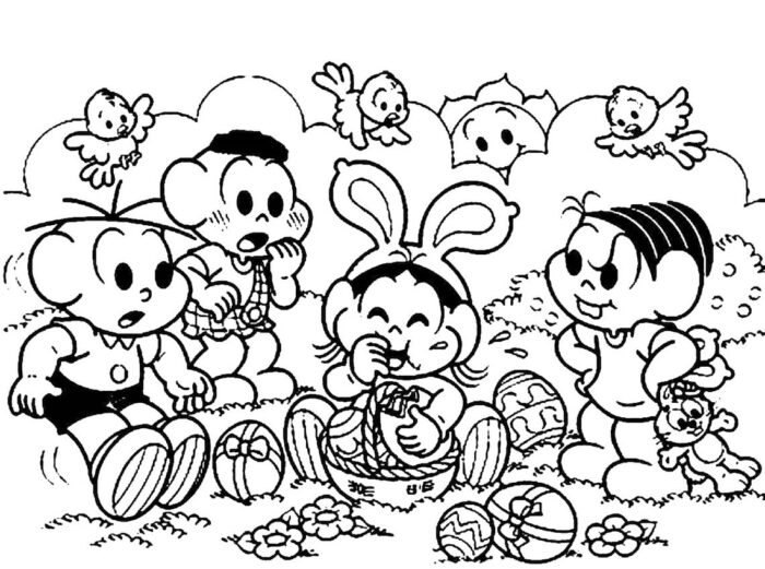 Turma da Mônica celebra a Páscoa: desenhos para colorir com Mônica de coelhinha, Cascão e Cebolinha.
