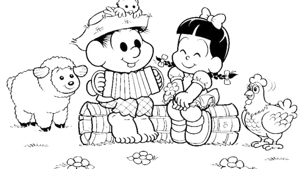 Desenho da Turma da Mônica para colorir: cena romântica no campo com música e flores.