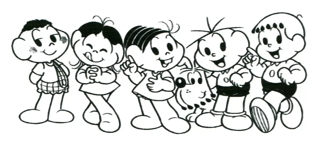 Turma da Mônica completa para colorir: Cascão, Mônica, Cebolinha, Floquinho, Magali e Jeremias.