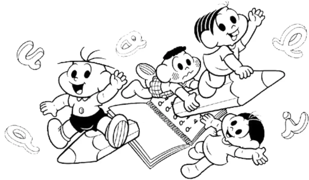 Turma da Mônica em aventura literária para colorir: Cascão, Cebolinha, Anjinho e Mônica explorando o mundo da leitura.
