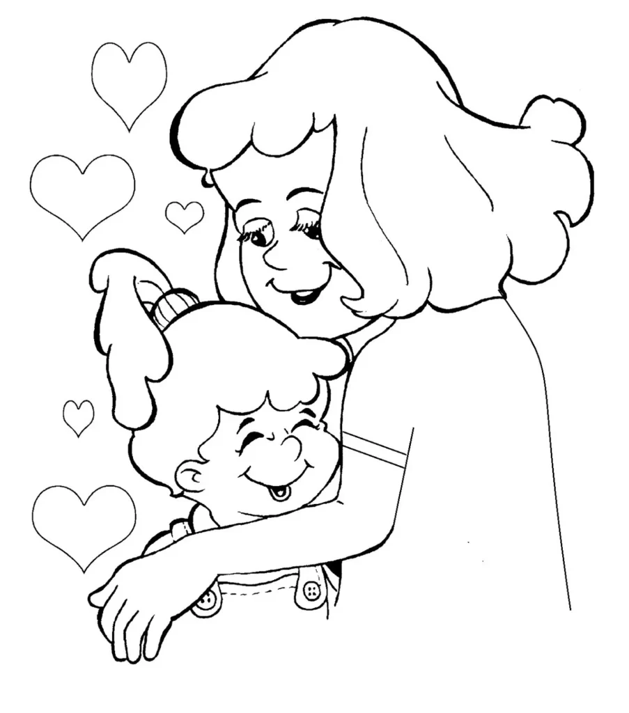 Desenho do Dia das Mães: mãe e filha em momento de afeto, ideal para colorir