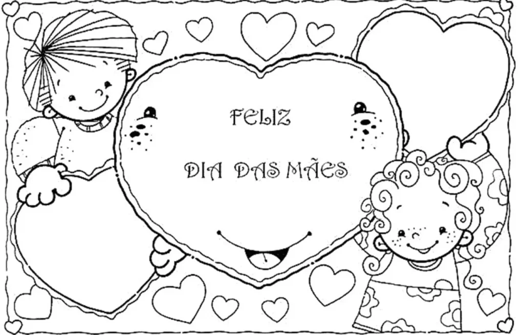 Desenho Dia das Mães: Crianças com corações para colorir. Mensagem 'FELIZ DIA DAS MÃES'.