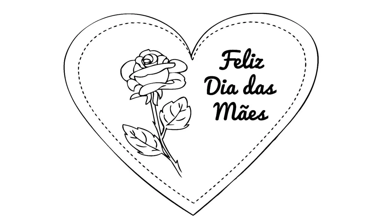 Desenho de coração com rosa e mensagem 'Feliz Dia das Mães' para colorir.