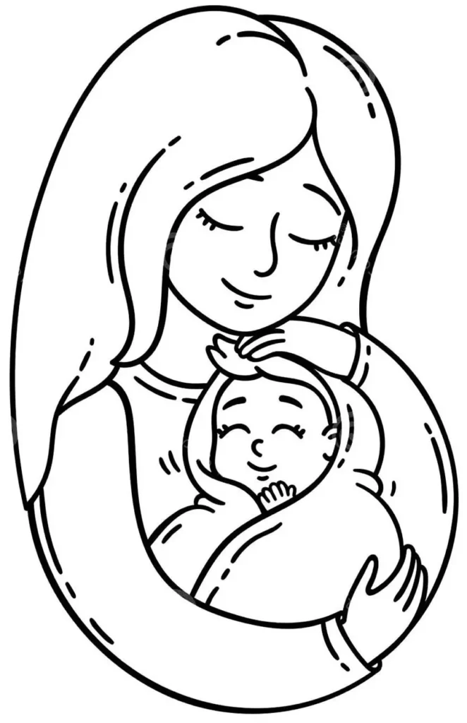 Desenho do Dia das Mães: Mãe embalando bebê com amor