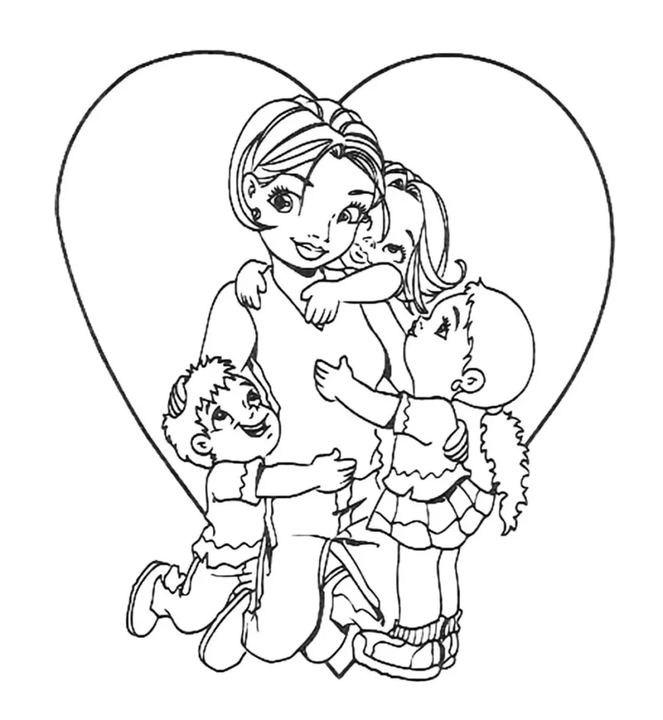 Desenho de Dia das Mães: Mãe com três filhos para colorir, expressando amor familiar.